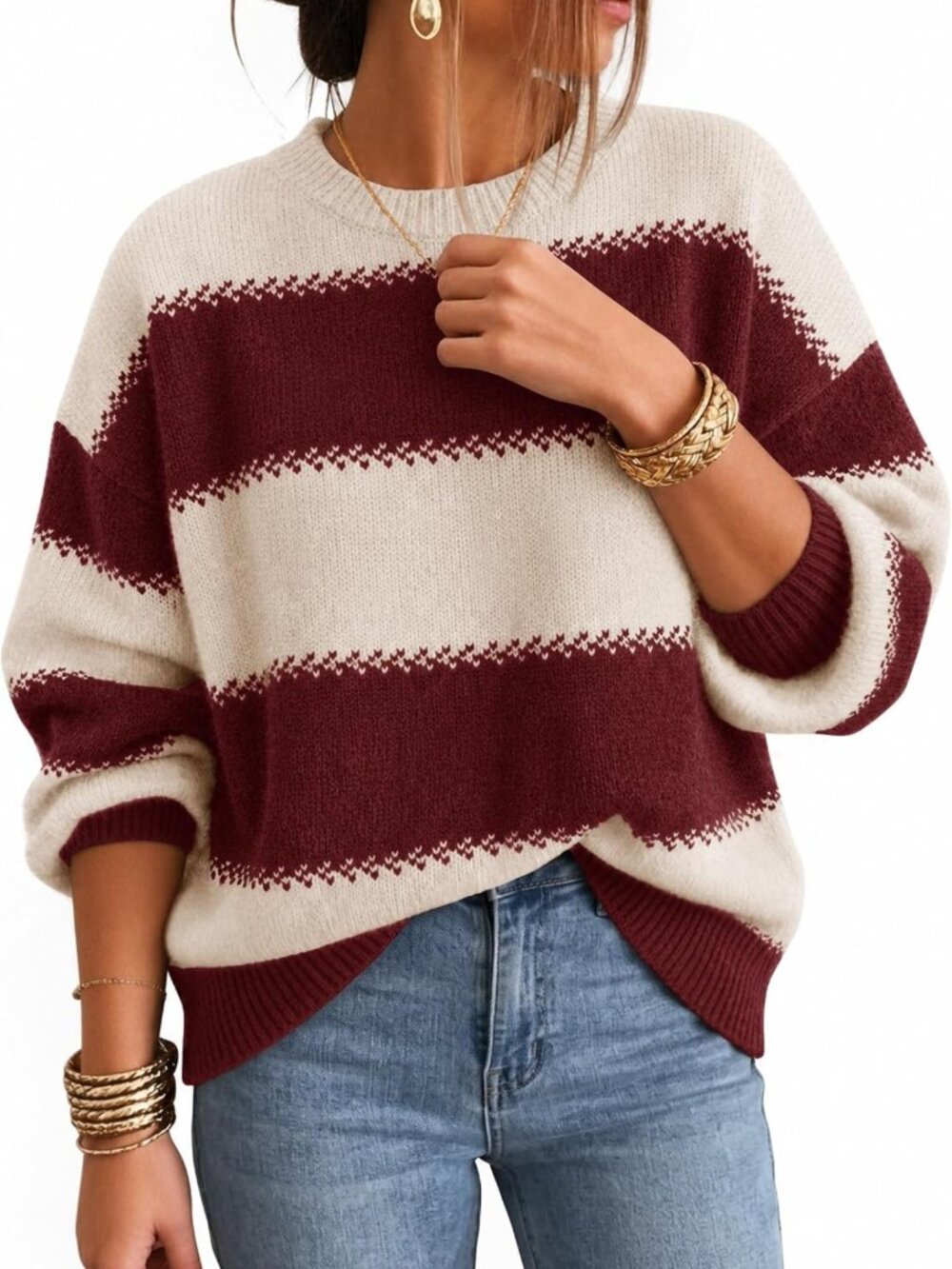Cozy Oversized Striped Long Sleeve Sweater for Women - Fall Fashion Essential